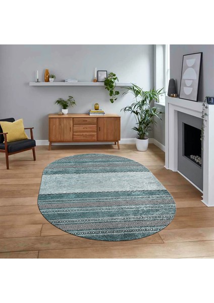 Dijital Baskılı Kaymaz Taban Yıkanabilir Oval Modern Yolluk Salon Halısı, V-O-Modern-83-Turkuaz,