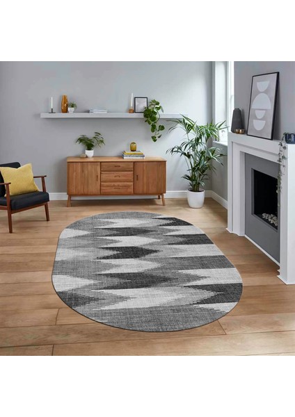 Dijital Baskılı Kaymaz Taban Yıkanabilir Oval Modern Yolluk Salon Halısı, V-O-MODERN-104-GRİ,