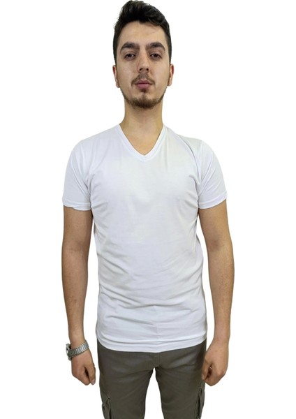 Erkek V Yaka Basic Düz Beyaz Tişört