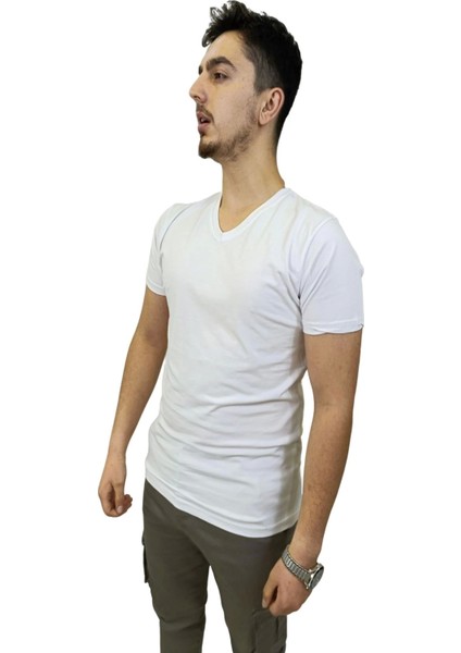 Erkek V Yaka Basic Düz Beyaz Tişört