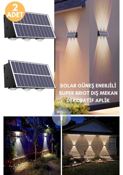 Solar Güneş Enerjili 6 Ledli Bahçe Aydınlatması Aplik Sarı Işık LED Lamba (2 Adet)