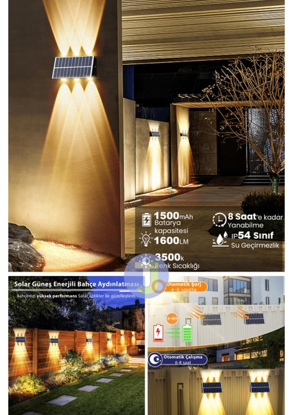 Solar Güneş Enerjili 6 Ledli Bahçe Aydınlatması Aplik Sarı Işık LED Lamba (2 Adet)