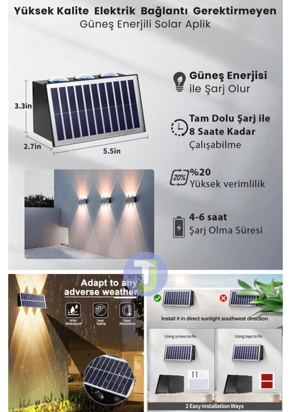 Solar Güneş Enerjili 6 Ledli Bahçe Aydınlatması Aplik Sarı Işık LED Lamba (2 Adet)