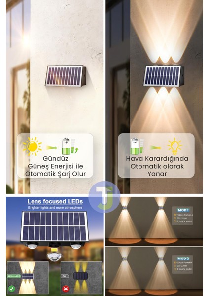 Solar Güneş Enerjili 6 Ledli Bahçe Aydınlatması Aplik Sarı Işık LED Lamba (2 Adet)