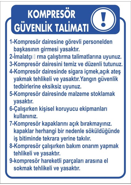 Kompresör Güvenlik Talimatı Dijital Uv Folyo Baskı Uyarı Etiket Yapıştırma Sticker 12.5X17.5