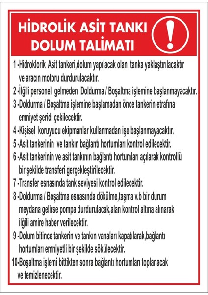 Hidrolik Asit Tankı Dolum Talimatı Dijital Uv Folyo Baskı Uyarı Etiket Yapıştırma Sticker 12.5X17.5