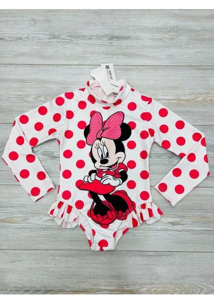 Kız Çocuk Minnie Mouse Fırfırlı Uzun Kollu Fermuarlı Mayo