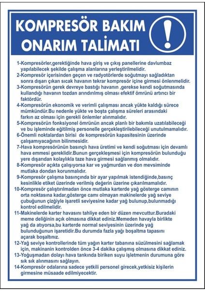 Kompresör Bakım Onarım Talimatı Pvc Plakalı Uyarı Levhası Dekota Dijital Uv Sticker 12.5X17.5