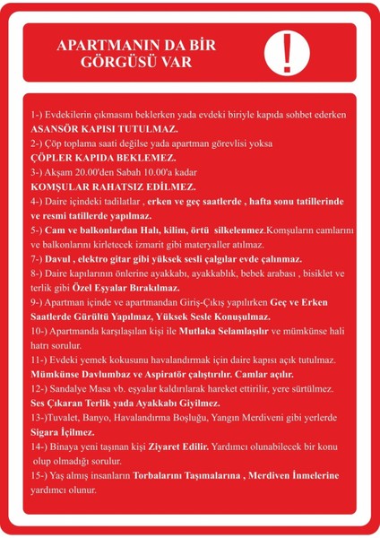 Apartman Görgü Kuralları Dijital Uv Folyo Baskı Uyarı Etiket Yapıştırma Sticker 25X35 cm