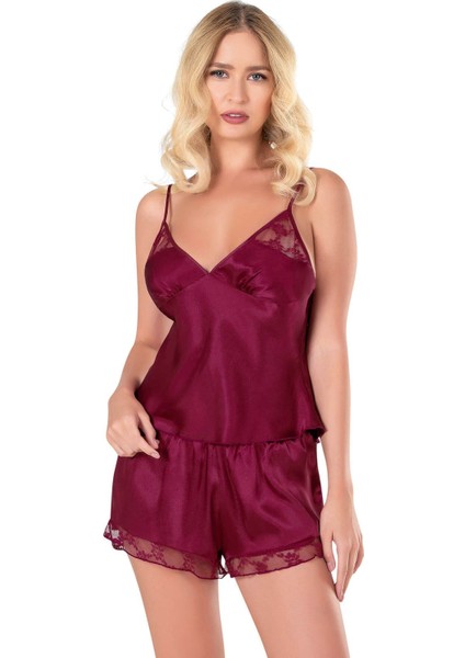 Aria's Closet Bordo Saten Babydoll Şort Takımı