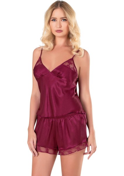 Aria's Closet Bordo Saten Babydoll Şort Takımı