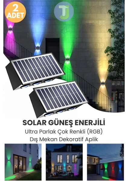 Solar Güneş Enerjili 6 Ledli Bahçe Aydınlatması Aplik Parlak Rgb Işık LED Lamba (2 Adet)