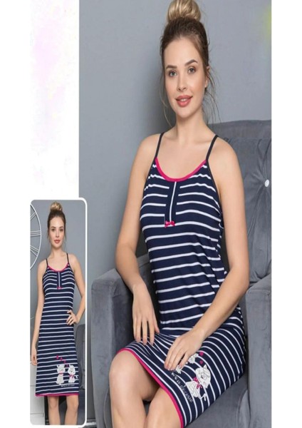 Kadın Ip Askılı Lacivert Beyaz Çizgili Gecelik