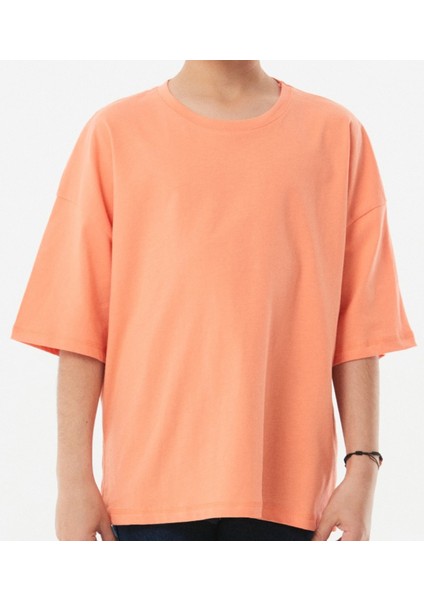 Erkek Çocuk /kız Çocuk Önü Düz Sırtı Boston Yazı Desenli Oversize Turuncu Tişört