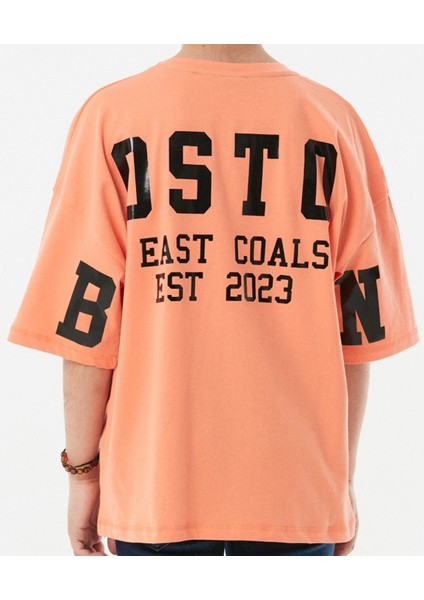 Erkek Çocuk /kız Çocuk Önü Düz Sırtı Boston Yazı Desenli Oversize Turuncu Tişört fiyatları