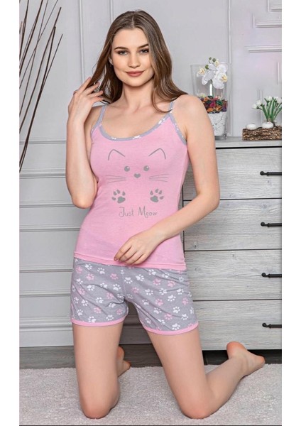 Kadın Askılı Şortlu Kedi Baskılı Pijama Takımı