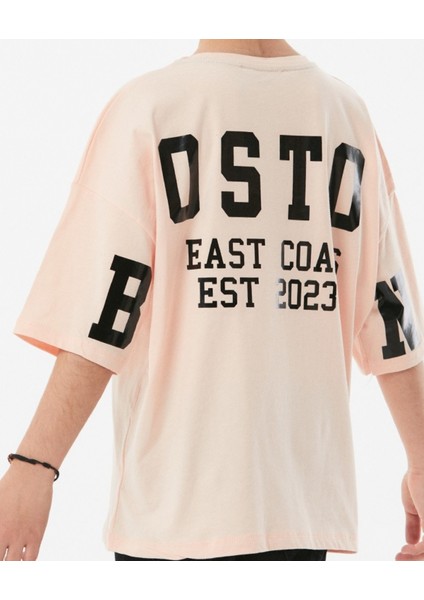 Kız Çocuk /erkek Çocuk Önü Düz Sırtı Boston Yazı Desenli Oversize Pudra Tişört modelleri