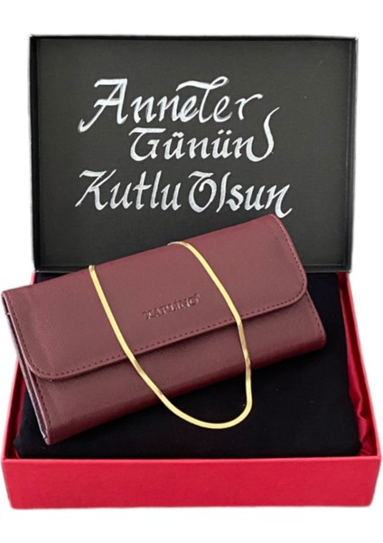Anneler Günü Bordo Deri Cüzdan Siyah Penye Şal Italyan Zincir Çelik Kolye Set