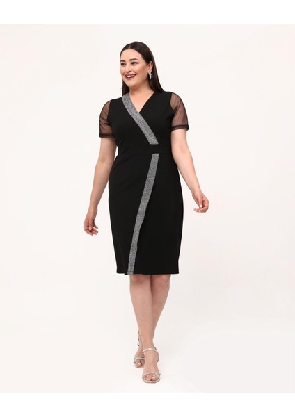 Kadın Büyük Beden Kruvaze Yaka Tül Kol Sim Şeritli Midi Esnek Abiye Elbise 24085 Siyah