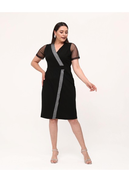 Kadın Büyük Beden Kruvaze Yaka Tül Kol Sim Şeritli Midi Esnek Abiye Elbise 24085 Siyah fiyatları