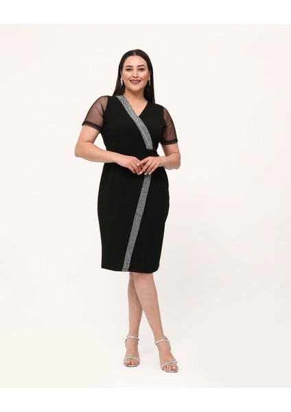 Kadın Büyük Beden Kruvaze Yaka Tül Kol Sim Şeritli Midi Esnek Abiye Elbise 24085 Siyah fırsatları