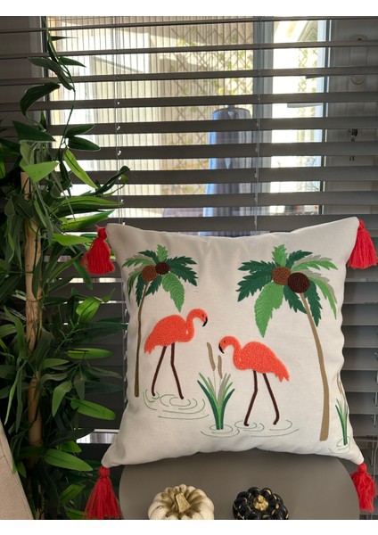 Punch Nakışlı Flamingo Motifli Kırlent Kılıfı modelleri