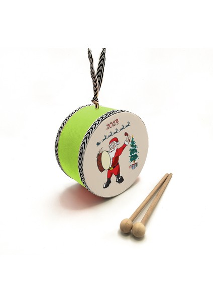 Noel Baba Baskılı | Gerçek Deri | Oyuncak Çocuk Davulu | Yılbaşı Hediyesi (1-5 Yaş) (Yeşil)