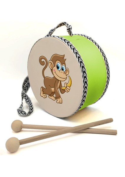 Maymun Baskılı , Yesil , Gerçek Deri Çocuk Davulu