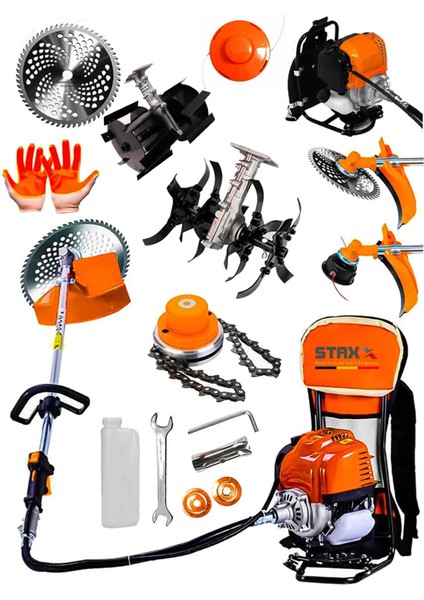 Benzinli Çim Ot Çayır Biçme Sırt Tırpan + Arazi Full Takım Set Toprak Eşeleme + Akrobat Çapa Aparatı