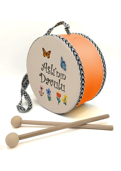 Çiçekli-Kelebekli_isimli , Turuncu , Gerçek Deri Çocuk Davulu