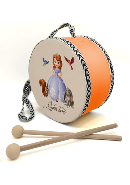 Isimli_prenses-Sofia Baskılı , Turuncu , Gerçek Deri Çocuk Davulu