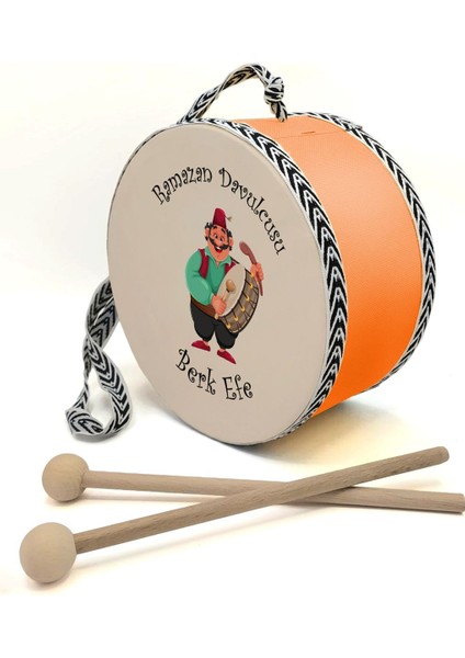 İsimli_ramazan_davulcusu Baskılı, Gerçek Deri Oyuncak Çocuk Davulu, Turuncu