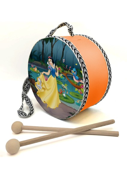 Pamuk_prenses Baskılı , Turuncu , Gerçek Deri Çocuk Davulu