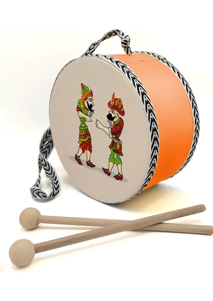 Isimli_karagöz Hacivat Baskılı, Gerçek Deri Oyuncak Çocuk Davulu, Turuncu