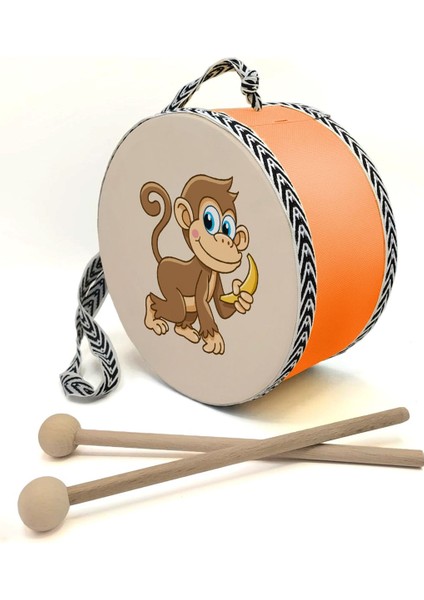 Maymun Baskılı , Turuncu , Gerçek Deri Çocuk Davulu
