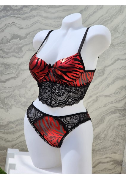 Gold Zebra Desenli Dolgulu Bralet Takımı Kırmızı
