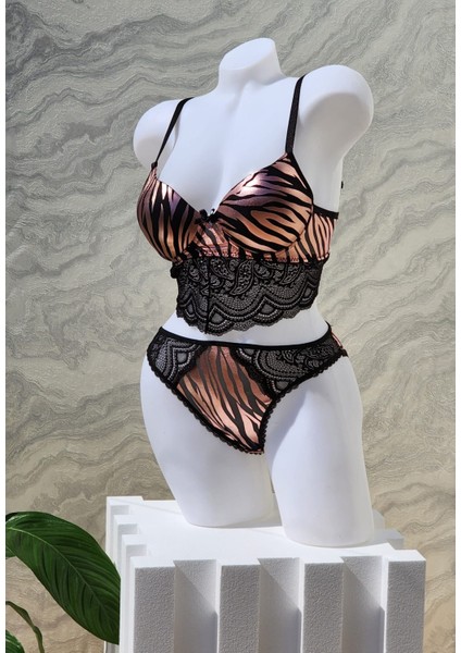 Gold Zebra Desenli Dolgulu Bralet Takımı Pudra fiyatları