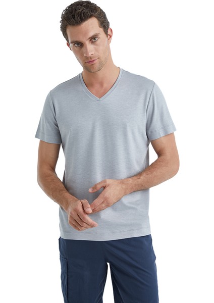 V Yaka Düz Gri Erkek T-Shirt 40508 modelleri