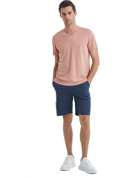 V Yaka Düz Pembe Erkek T-Shirt 40508
