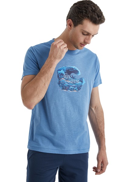 Yuvarlak Yaka Düz Mavi Erkek T-Shirt 40503 modelleri