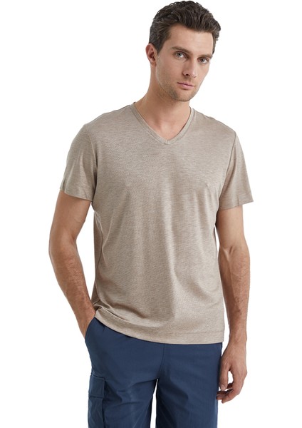 V Yaka Düz Açık Kahve Erkek T-Shirt 40508 modelleri