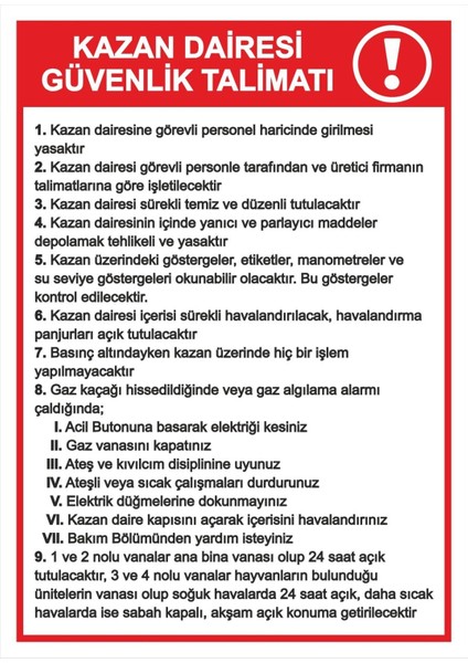 Kazan Dairesi Güvenlik Talimatı Pvc Plakalı Uyarı Levhası Dekota Dijital Uv Sticker 12.5X17.5