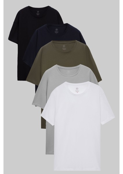 Siyah/Lacivert/Haki/Gri/Beyaz 5'Li Oversize %100 Pamuk T-Shirt 6HC14ORTBN006 fiyatları