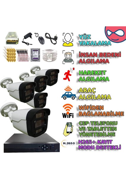 5 Kameralı 500GB Hddli Gece Renkli Gösteren Araç Insan Hareket Yüz Algılayan Güvenlik Kamerası Seti