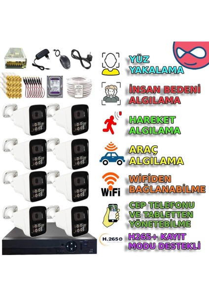 8 Kameralı 500GB Hddli Insan Yüz Araç Hareket Algılayan Gece Renkli Gösteren Güvenlik Kamerası Seti