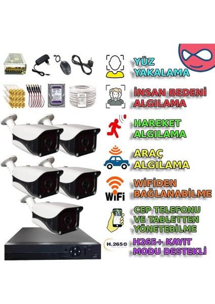 5 Kameralı 500GB Hddli Şık Metal Kasalı 5mp Sony Lens Güvenlik Kamerası Seti