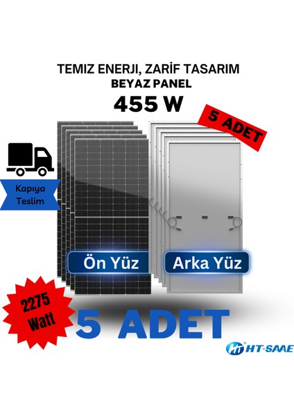 455WP Yüksek Verimli Monokristal Half-Cut Beyaz Arka Kapaklı Ekonomik Güneş Paneli 5'li Set HT72-166M