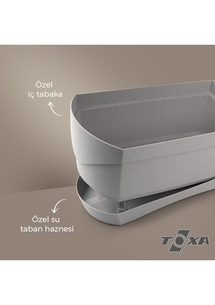 Modern Balkon Saksısı 5 Litre Bej Latte 35CM Tabaklı Delikli Plastik Saksı No1