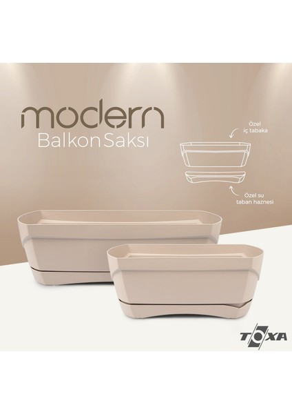 Modern Balkon Saksısı 5 Litre Bej Latte 35CM Tabaklı Delikli Plastik Saksı No1