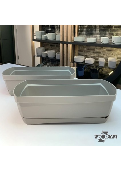 Modern Balkon Saksısı 5 Litre Bej Latte 35CM Tabaklı Delikli Plastik Saksı No1